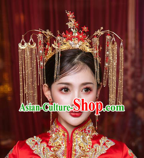 Chinese Traditional Hanfu Red Flowers Phoenix Coronet Hair Accessories for Women