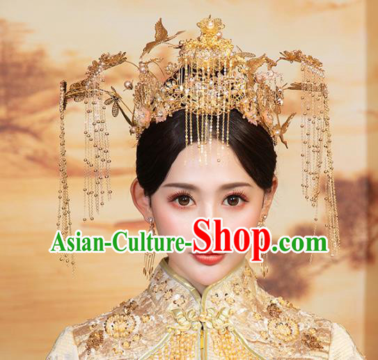 Chinese Traditional Wedding Golden Crane Tassel Phoenix Coronet Hair Accessories for Women