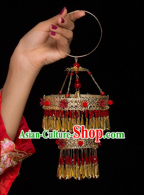 Chinese Ancient Wedding Golden Portable Lantern Accessories Traditional Bride Prop for Women