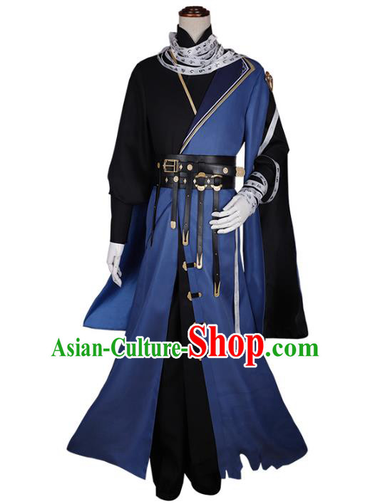 Traditional Chinese Cosplay General Blue Costume Ancient Swordsman Hanfu Clothing for Men