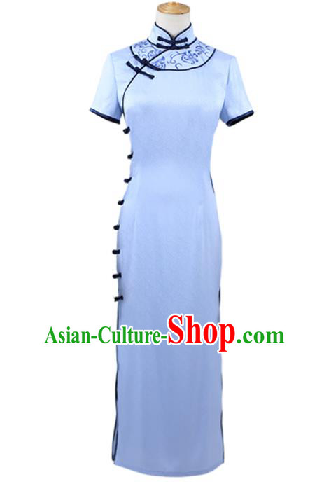 Traditional Chinese Embroidered Blue Qipao Dress Costume Ancient Female Swordsman Hanfu Dress for Women