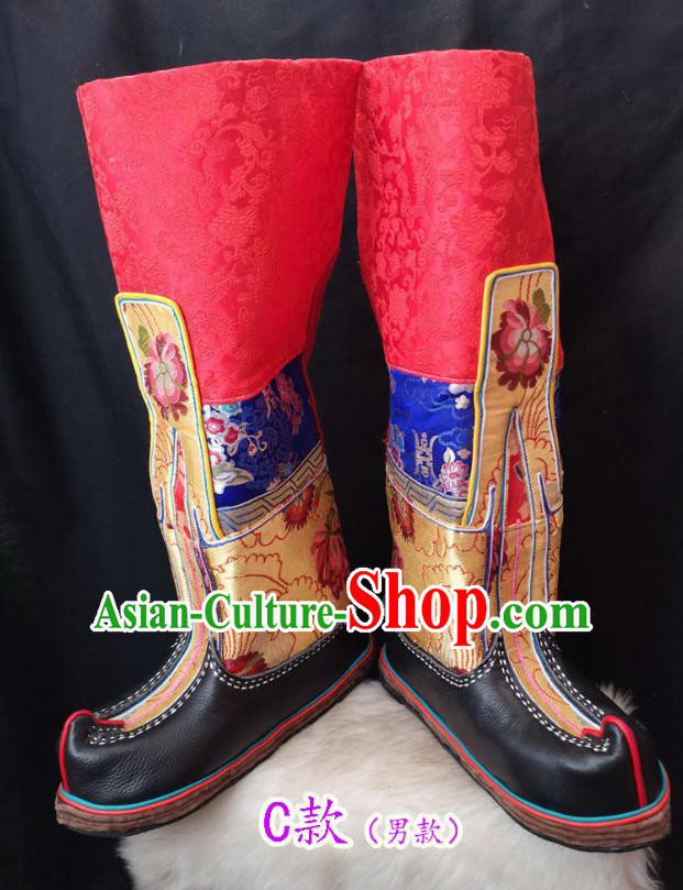 Handmade Chinese Zang Nationality Leather Boots Traditional Tibetan Ethnic Shoes for Men