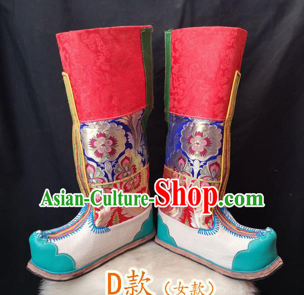 Handmade Chinese Zang Nationality Green Leather Boots Traditional Tibetan Ethnic Shoes for Women