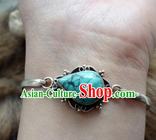 Chinese Zang Nationality Kallaite 925 Silver Bracelet Handmade Traditional Tibetan Ethnic Jewelry Accessories for Women