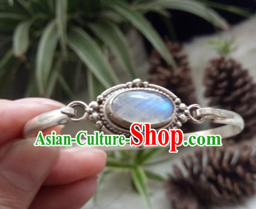 Chinese Zang Nationality Moonstone Silver Bracelet Handmade Traditional Tibetan Ethnic Jewelry Accessories for Women