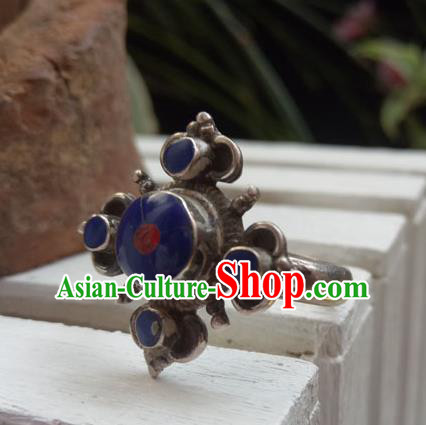 Chinese Zang Nationality Blue Stone Silver Rings Handmade Traditional Tibetan Ethnic Jewelry Accessories for Women