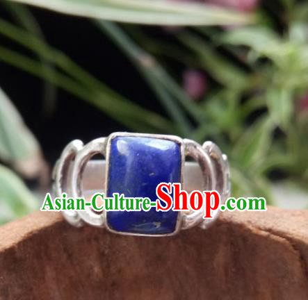 Chinese Zang Nationality Lapis Lazuli Silver Rings Handmade Traditional Tibetan Ethnic Jewelry Accessories for Women