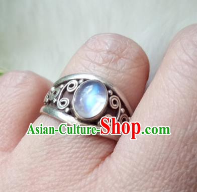 Chinese Zang Nationality Silver Moonstone Rings Handmade Traditional Tibetan Ethnic Jewelry Accessories for Women