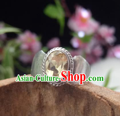 Chinese Zang Nationality Silver Citrine Rings Handmade Traditional Tibetan Ethnic Jewelry Accessories for Women