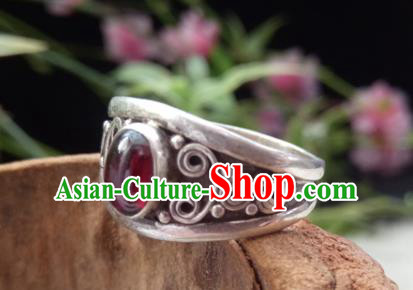 Chinese Zang Nationality Silver Garnet Rings Handmade Traditional Tibetan Ethnic Jewelry Accessories for Women