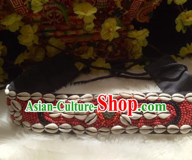 Chinese Zang Nationality Shell Red Beads Belts Handmade Traditional Tibetan Ethnic Waistband Accessories for Women