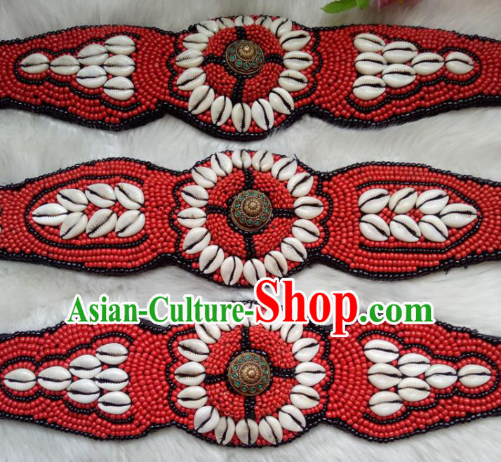 Chinese Zang Nationality Red Beads Shell Belts Handmade Traditional Tibetan Ethnic Waistband Accessories for Women