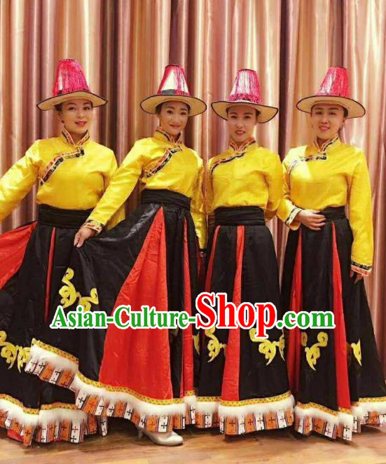 Chinese Zang Nationality Folk Dance Costumes Traditional Tibetan Ethnic Dress for Women