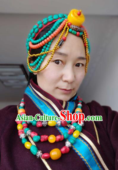 Handmade Chinese Zang Nationality Bride Headband Traditional Tibetan Ethnic Hair Accessories for Women