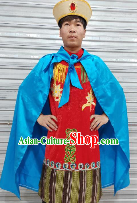 Chinese Zang Nationality Folk Dance Red Costumes Traditional Tibetan Ethnic Clothing for Men