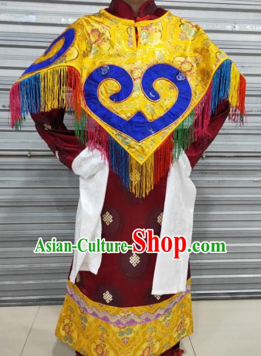 Chinese Zang Nationality Folk Dance Wine Red Costumes Traditional Tibetan Ethnic Robe for Men