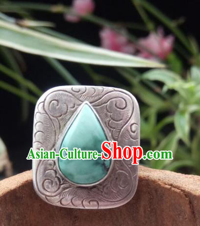 Chinese Zang Nationality Kallaite Silver Rings Handmade Traditional Tibetan Ethnic Jewelry Accessories for Women