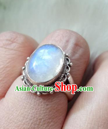 Chinese Zang Nationality Moonstone Silver Rings Handmade Traditional Tibetan Ethnic Jewelry Accessories for Women