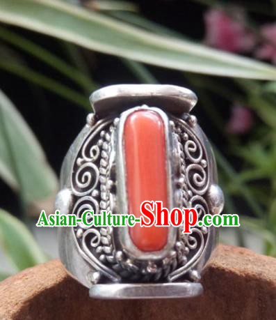 Chinese Zang Nationality Red Coral Silver Rings Handmade Traditional Tibetan Ethnic Jewelry Accessories for Women