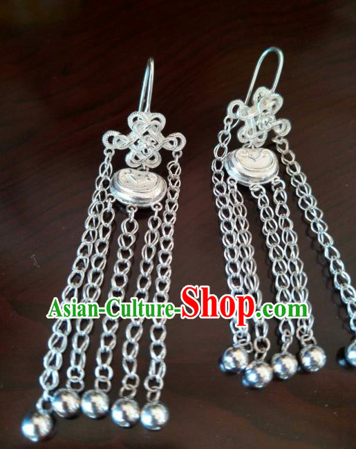 Handmade Chinese Zang Nationality Bells Tassel Silver Earrings Traditional Tibetan Ethnic Accessories for Women