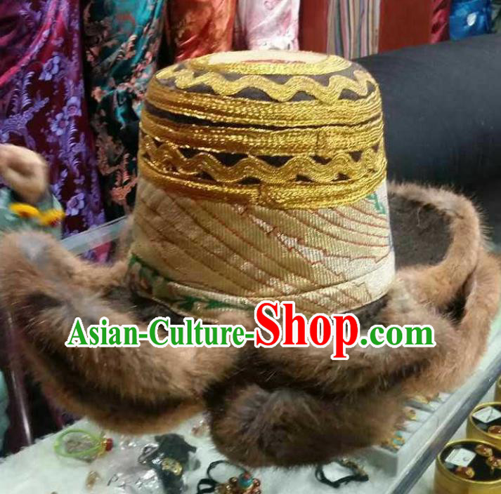 Handmade Chinese Zang Nationality Yellow Hat Traditional Tibetan Ethnic Hair Accessories for Men