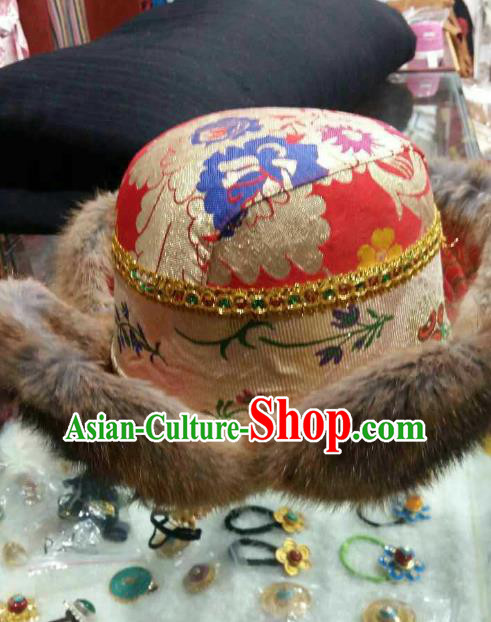 Handmade Chinese Zang Nationality Red Hat Traditional Tibetan Ethnic Hair Accessories for Men