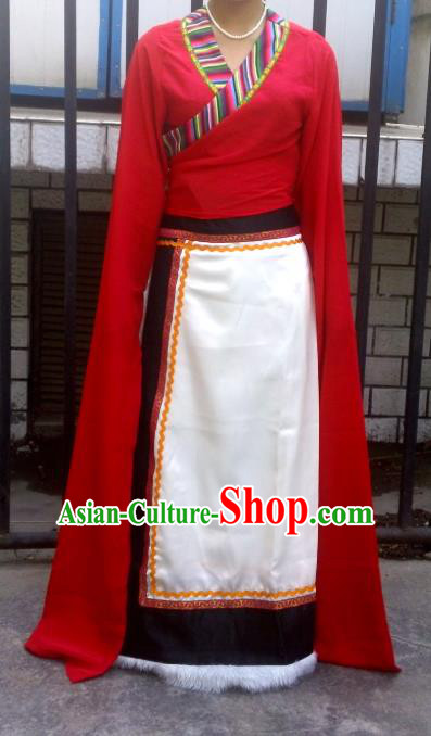 Chinese Zang Nationality Folk Dance Costume Traditional Tibetan Ethnic Dress for Women