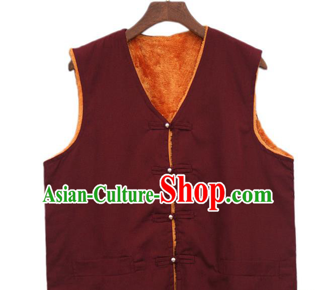 Chinese Tibetan Buddhism Wine Red Woolen Vest Traditional Monk Waistcoat Upper Outer Garment for Men