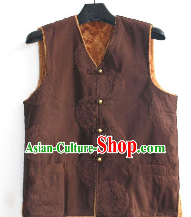 Chinese Tibetan Buddhism Brown Woolen Vest Traditional Monk Waistcoat Upper Outer Garment for Men