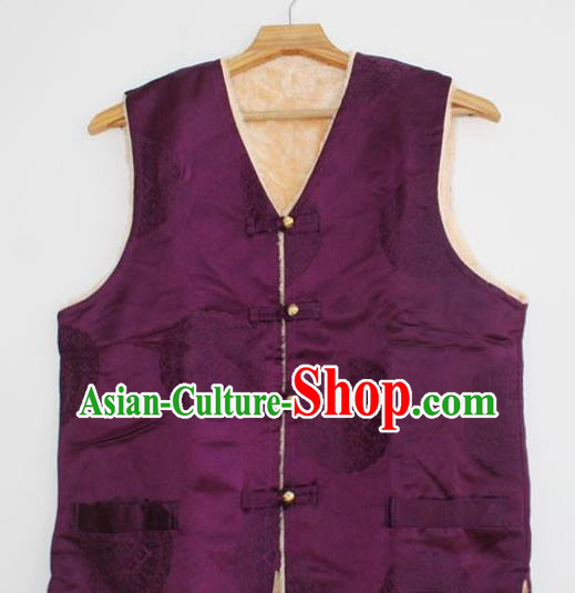 Chinese Tibetan Buddhism Purple Satin Woolen Vest Traditional Monk Waistcoat Upper Outer Garment for Men