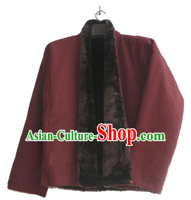 Chinese Tibetan Buddhism Purplish Red Jacket Traditional Monk Upper Outer Garment for Men