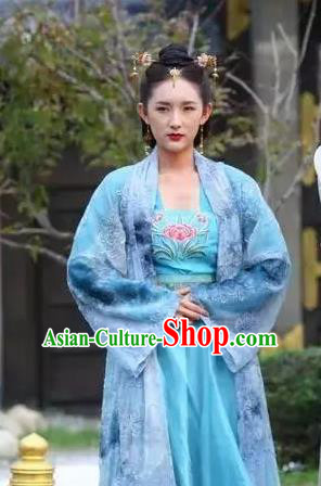 Chinese Ancient Noble Concubine Blue Hanfu Dress Drama Devastating Beauty Han Lu Costume and Headpiece for Women