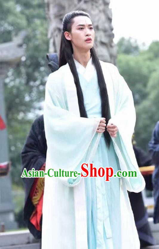 Chinese Ancient Childe Blue Clothing Historical Drama Devastating Beauty Fu Haoxi Costume and Headpiece for Men