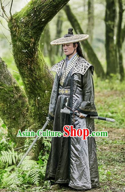 Chinese Ancient Swordsman Historical Television Bloody Romance Costume and Hat Complete Set for Men