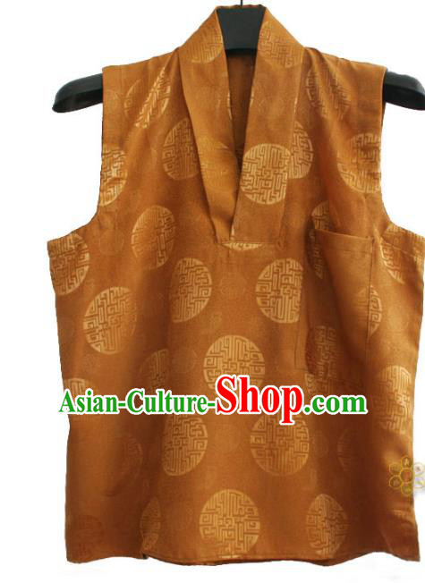 Chinese Tibetan Buddhism Brown Satin Vest Traditional Monk Waistcoat Upper Outer Garment for Men