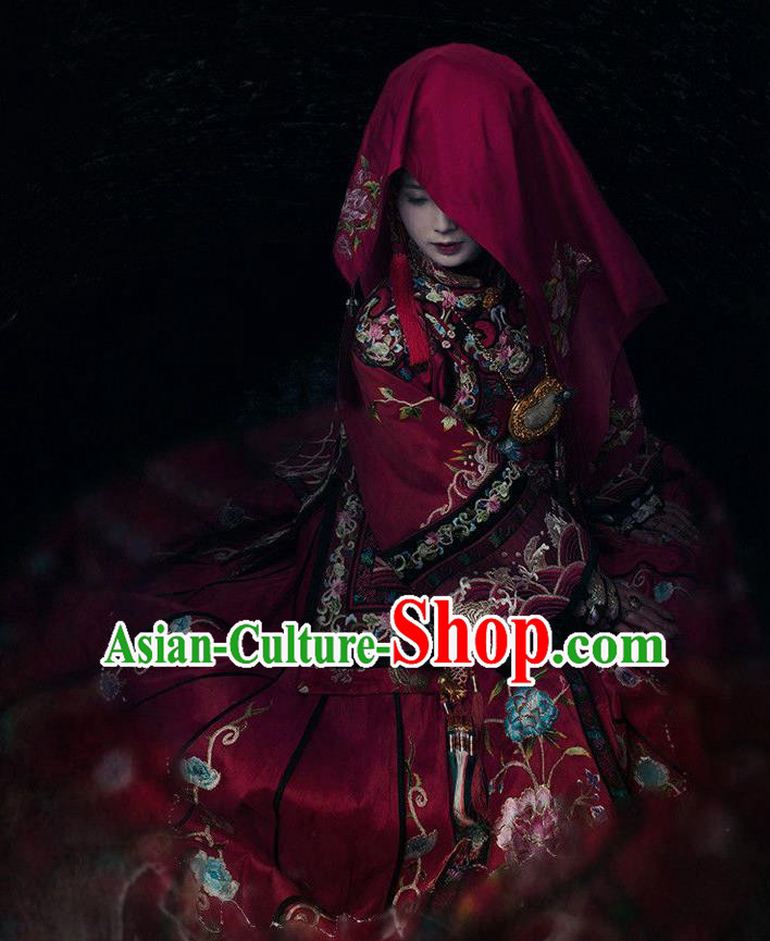 Chinese Ancient Wedding Costume Drama WuXin The Monster Killer Yue Qiluo Qing Dynasty Red Dress and Headpiece for Women