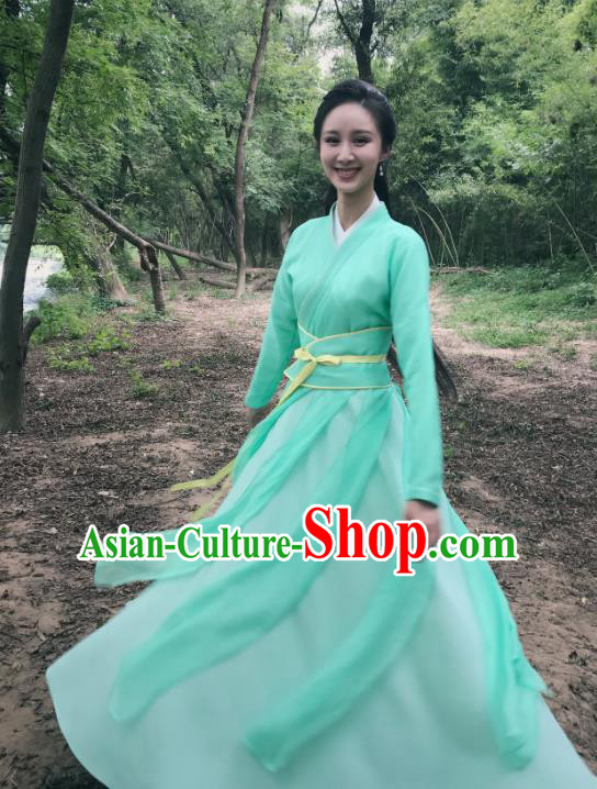 Chinese Ancient Princess Green Hanfu Dress Drama Legend of Yun Xi Costume and Headpiece for Women