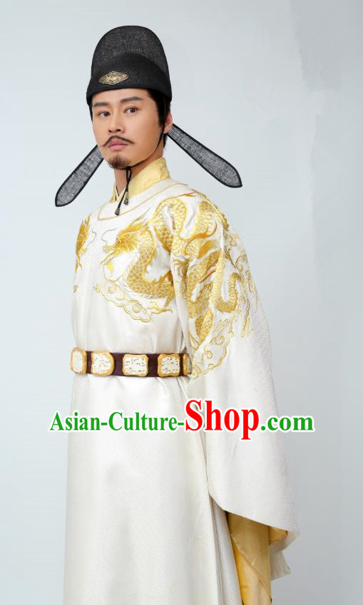 Chinese Ancient Tang Dynasty Emperor Li Shimin White Clothing Historical Drama Miss Truth Costume and Headpiece for Men