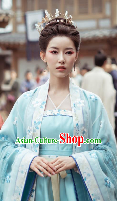 Drama Miss Truth Chinese Ancient Princess Baling Blue Hanfu Dress Tang Dynasty Costume and Headpiece for Women