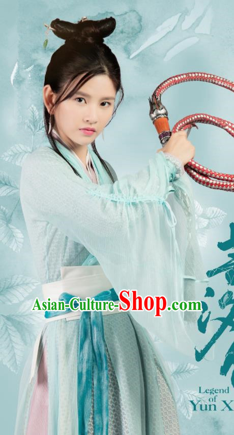 Chinese Ancient Swordswoman Ning Jing Green Hanfu Dress Drama Legend of Yun Xi Costume and Headpiece for Women