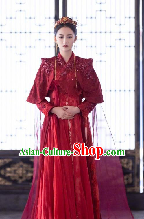 Chinese Ancient Princess Feng Wanmian Wedding Red Hanfu Dress Drama The Love Lasts Two Minds Costume and Headpiece for Women