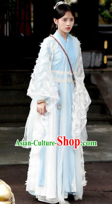 Chinese Ancient Female Swordsman Han Yunxi Blue Hanfu Dress Drama Legend of Yun Xi Costume and Headpiece for Women