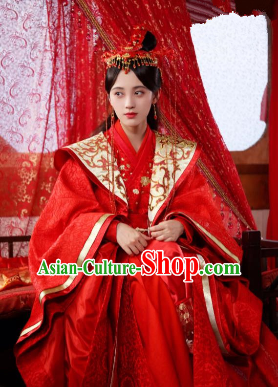 Chinese Ancient Crown Princess Qin Red Hanfu Dress Drama Legend of Yun Xi Wedding Costume and Headpiece for Women