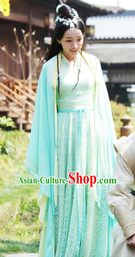 Drama Colourful Bone Chinese Ancient Royal Princess A Li Green Dress Costume and Headpiece for Women