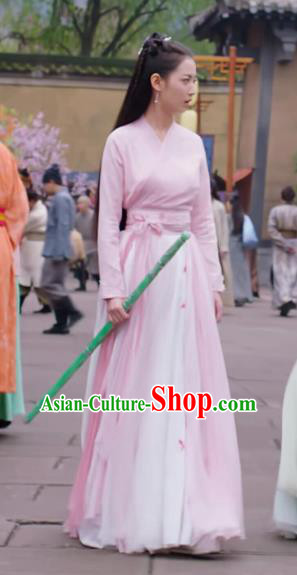 Chinese Ancient Swordswoman Pink Hanfu Dress Drama The Love Lasts Two Minds Costume and Headpiece for Women