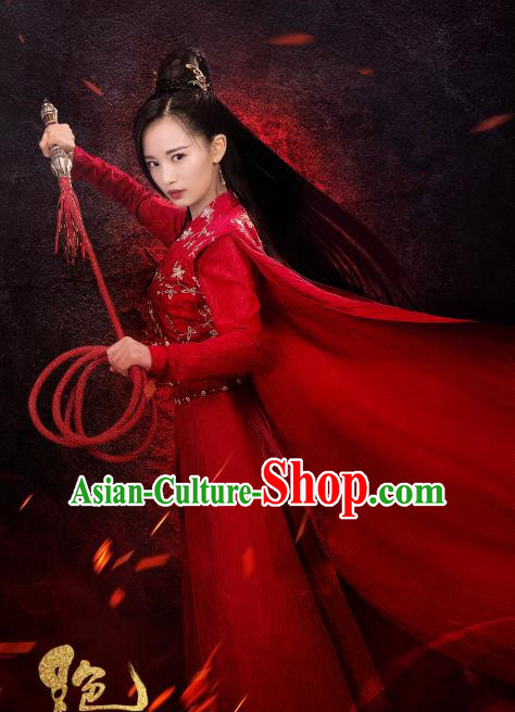 Chinese Ancient Swordswoman Zhang Jing Red Hanfu Dress Drama Handsome Siblings Costume and Headpiece for Women