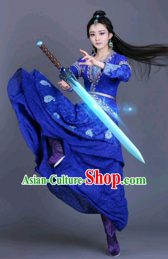 Chinese Historical Drama The Legend of Zu Ancient Demon Female Swordsman Yu Wuxin Blue Costume and Headpiece for Women