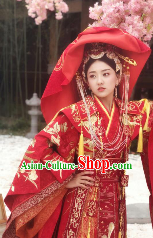 Chinese Historical Drama The Eternal Love Ancient Court Princess Qu Tan Er Wedding Costume and Headpiece for Women