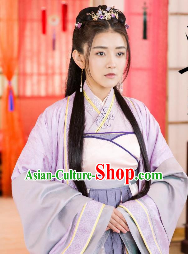 Chinese Historical Drama The Eternal Love Ancient Noble Lady Qu Tan Er Purple Costume and Headpiece for Women