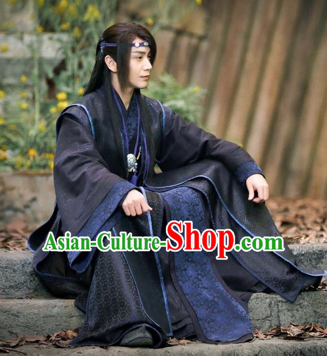 Chinese Ancient Swordsman Xie Yi Black Clothing Historical Drama Swords of Legends Costume and Headwear for Men